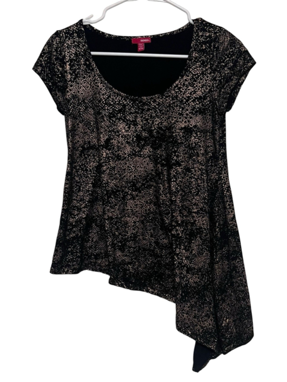 Bongo Top Women’s Medium Black Gold Snakeskin Splatter Y2K Asymmetrical Shirt